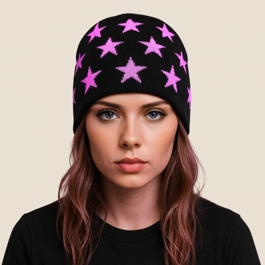 Beanie mit Sternen Motiv | schwarz-pink